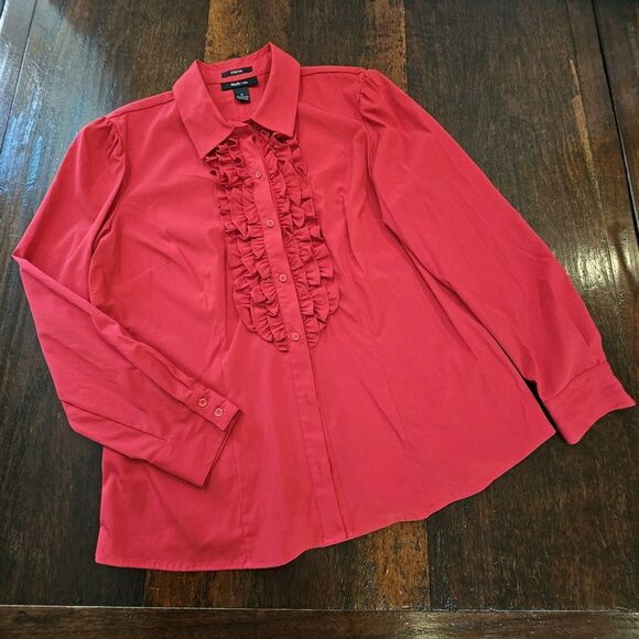STYLE & CO red ruffle blouse 16 holiday top long sleeve collared workwear office - Picture 8 of 9